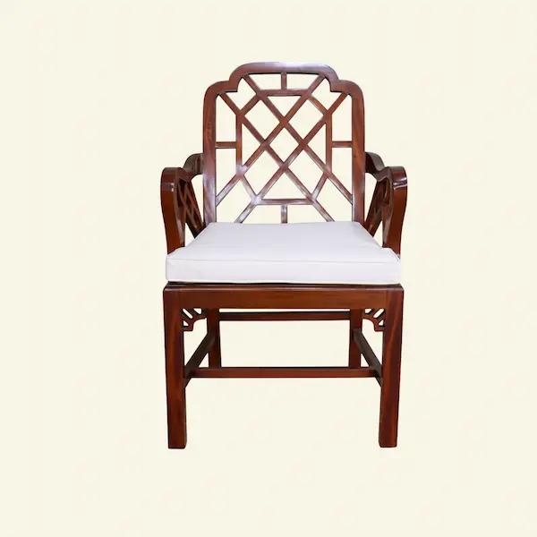 Ashford Chippendale Armchair Front View – Solid Wood & Lattice Back Front view of Ashford Chippendale Armchair with lattice back and white cushion
