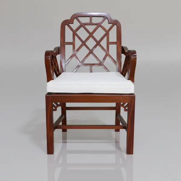 Ashford Chippendale Armchair front view with geometric lattice backrest and mahogany frame.