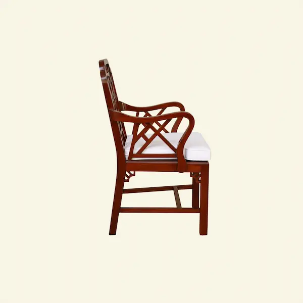 Ashford Chippendale Armchair – Side View Detailing Side view of Ashford Chippendale Armchair highlighting lattice fretwork and seat cushion