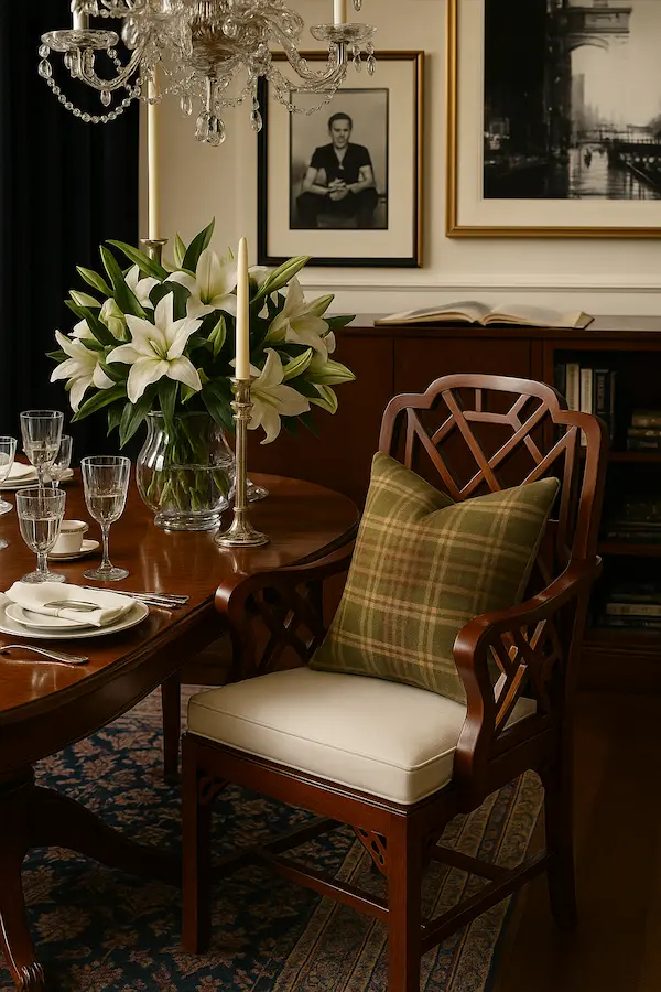 Ashford Chippendale Armchair in Elegant Dining Room Setting Ashford Chippendale Armchair styled in dining room with table, flowers, and tableware