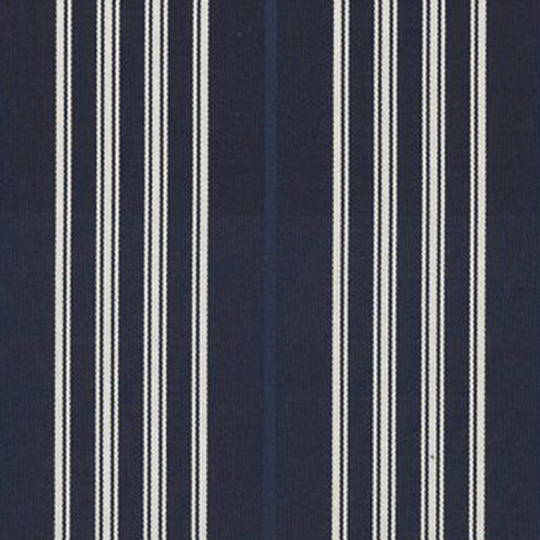 Ashford Marine Ticking fabric swatch in navy and ivory pinstripes, linen-rich blend