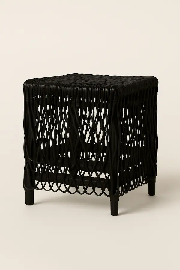 Blackburn Handwoven Rattan Side Table, side angle showing woven craftsmanship.
