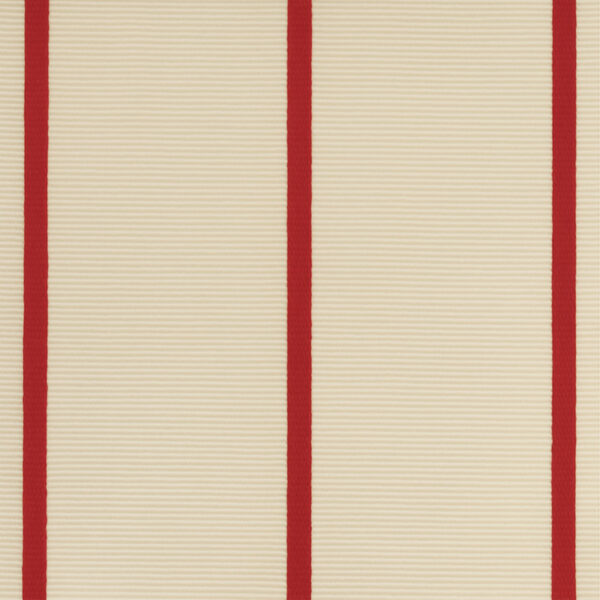 Belgrave Crimson Stripe fabric swatch with bold red vertical stripes on ivory background – cotton linen viscose blend