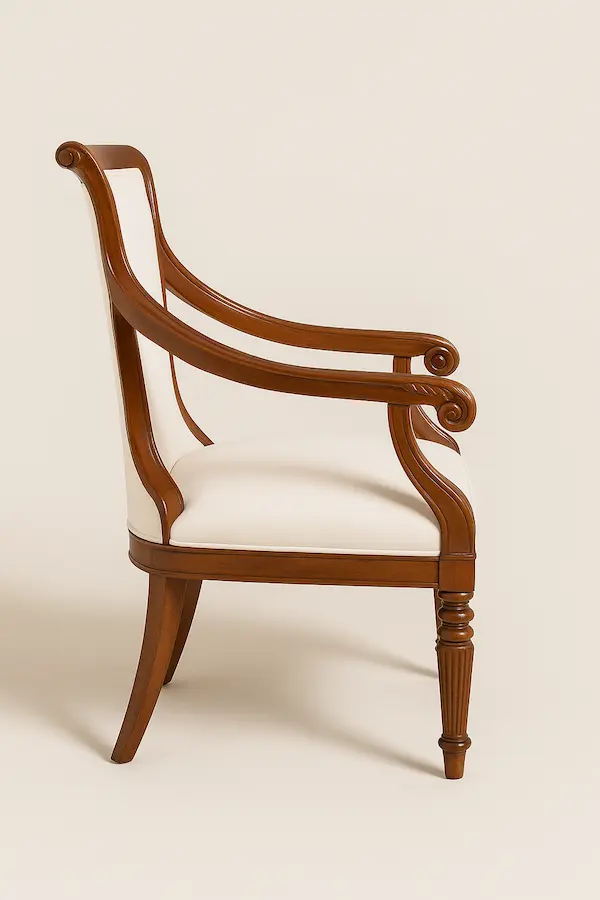 Belgrave Regency Armchair – Side Profile Belgrave Regency Armchair side profile showing scrolled arm and carved legs