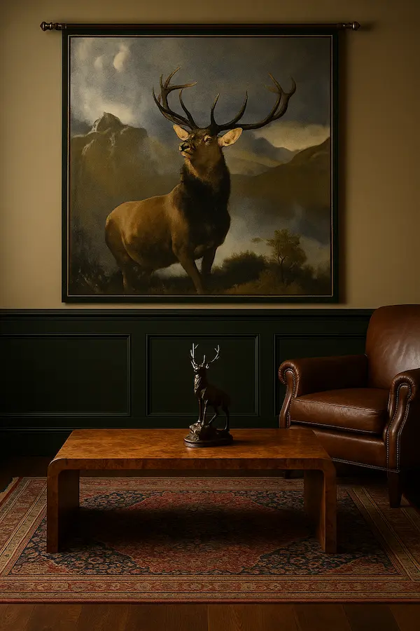 Reeva Sethi Home interior vignette with mahogany, tartan, and natural textures