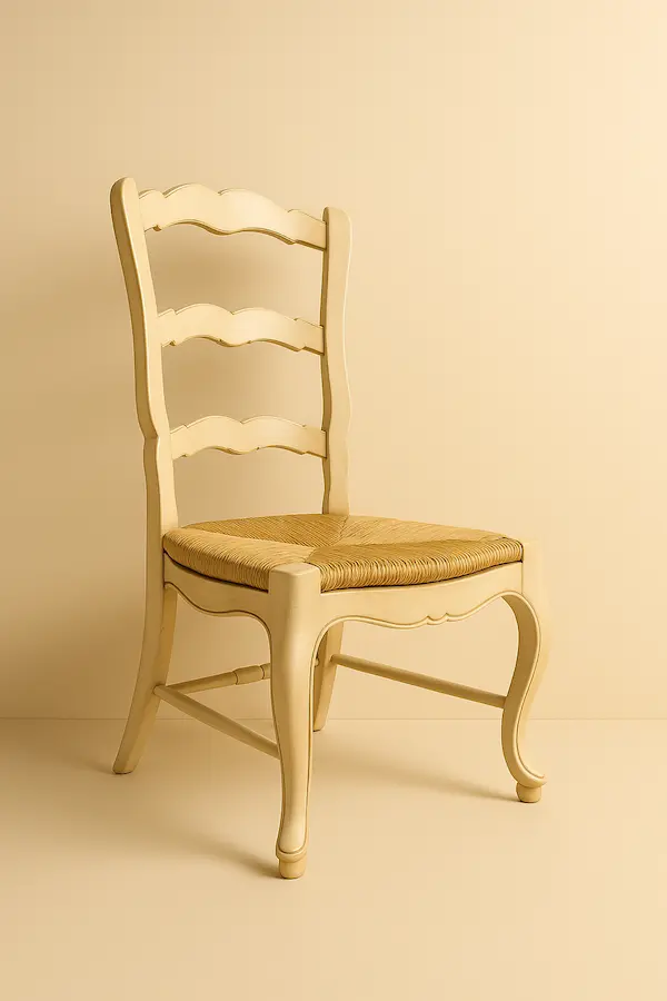 French Provincial Ladderback Chair – Vintage Style with Rush Seat French Provincial Ladderback Chair angled side view with rush seat