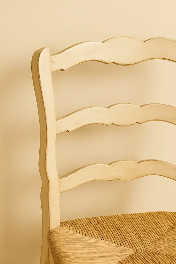 French Provincial Ladderback Chair – Vintage Style with Rush Seat Close-up detail of French Provincial Ladderback Chair ladder back design
