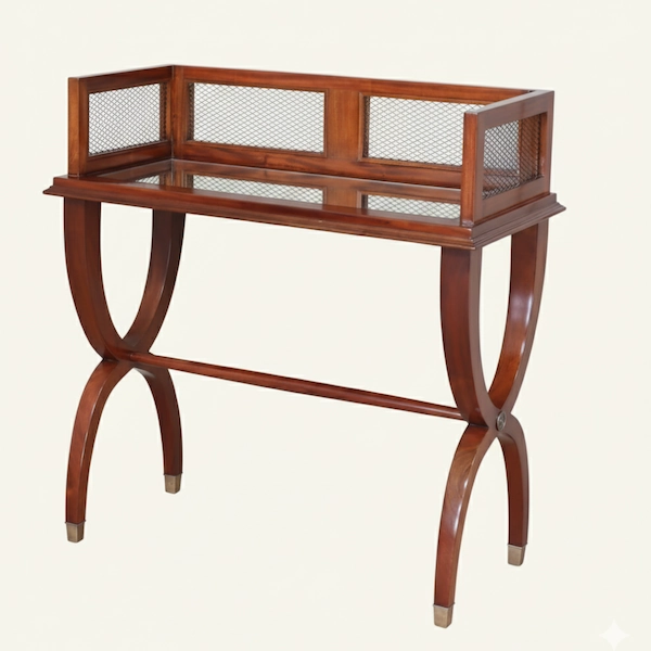 Madison Mahogany & Brass Cocktail Table Angled View Angled view of mahogany cocktail table with brass accents, mesh paneling, and polished finish