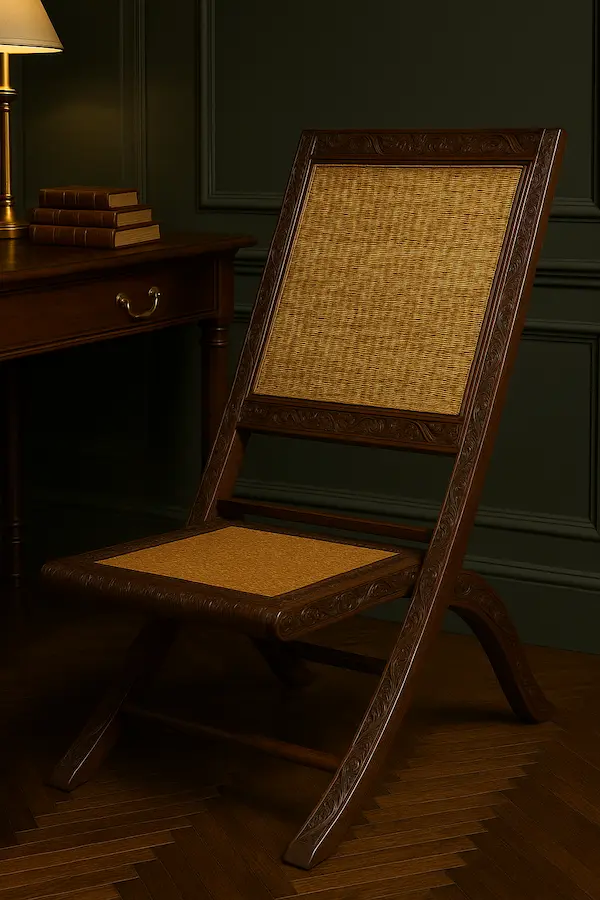 Heritage study with mahogany desk and hand-carved folding chair styled for tech executive home office