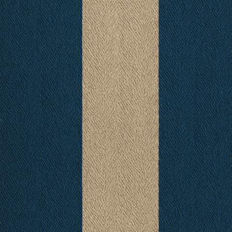 Mariner Indigo Stripe fabric with bold indigo and sand bands, hand-loomed herringbone weave for upholstery and cushions