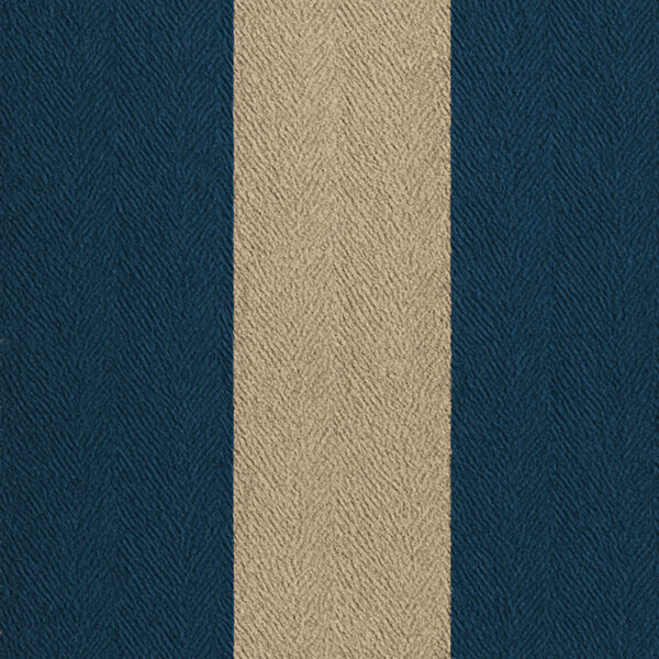 Mariner Indigo Stripe fabric with bold indigo and sand bands, hand-loomed herringbone weave for upholstery and cushions