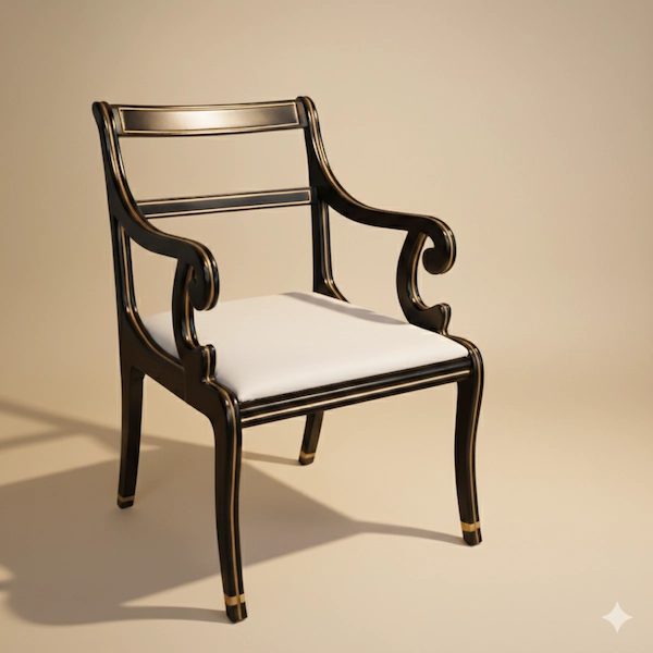 Regency Ebony Gold Armchair – Three-Quarter View in Mahogany Handcrafted Regency Ebony Gold Mahogany Armchair – Three-Quarter Angle with Upholstered Seat