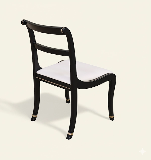 Elegant Regency Ebony Gold Side Chair – Back Angle View Elegant Regency Ebony Gold Side Chair in black gilt finish with saber legs and upholstered seat, angled rear view
