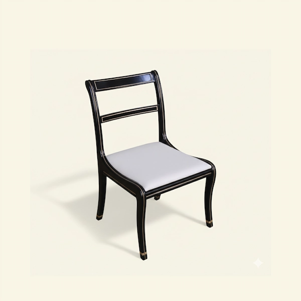 Elegant Regency Ebony Gold Side Chair – Three-Quarter View Elegant Regency Ebony Gold Side Chair with black gilt finish and upholstered cushion, three-quarter perspective