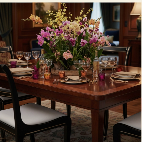 Elegant Regency Ebony Gold Side Chair – Styled Dining Setting Elegant Regency Ebony Gold Side Chair styled around a dining table with floral centerpiece