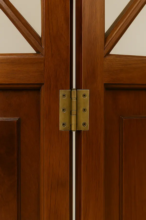 Ryde Screen Panel – Angled View of Mahogany Folding Screen ide angle of Ryde Screen Panel showing solid mahogany construction, brass hinges, and geometric astragal woodwork.