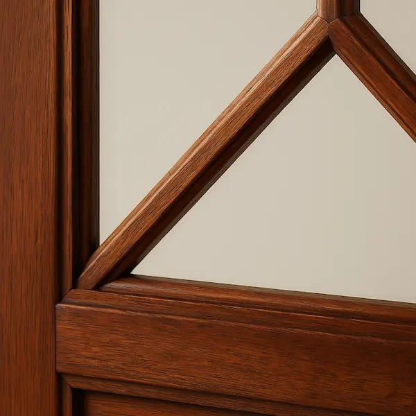 Ryde Screen Panel – Astragal Mullion and Woodwork Detail Close-up of Ryde Screen Panel showing astragal mullion design, raised lower panel, and smooth mahogany finish.