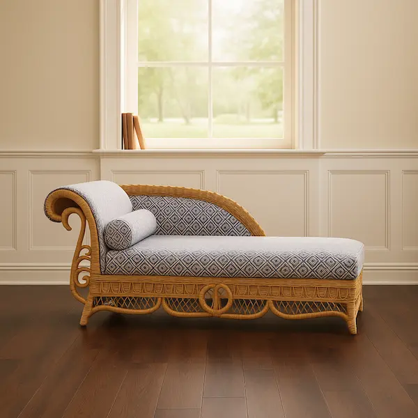 Savannah wicker chaise lounge in a living room with dark walnut flooring and window backdrop, featuring blue diamond jacquard cushions