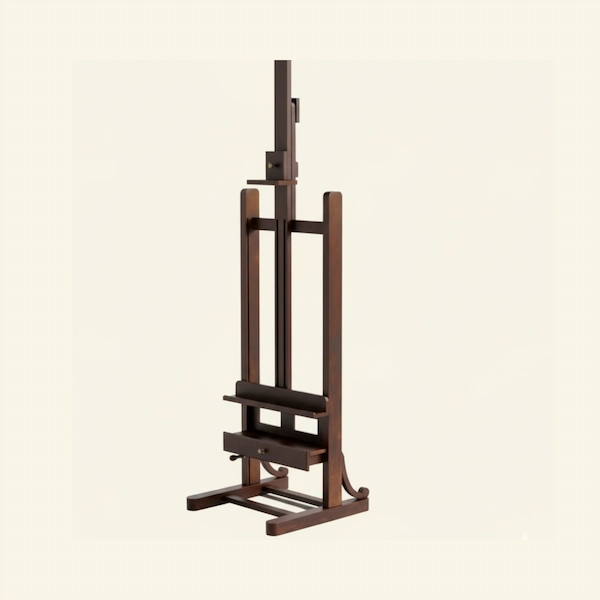Savile Adjustable Mahogany Easel – Side Angle Side-angled view of the Savile Adjustable Mahogany Easel with polished mahogany finish