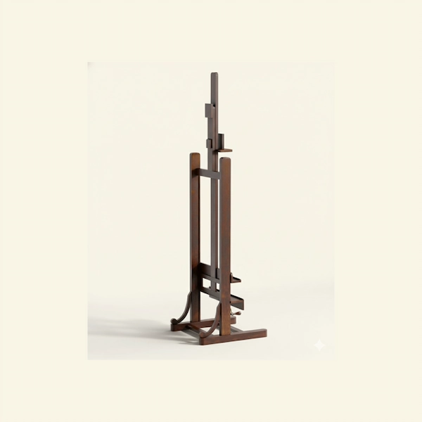 Savile Adjustable Mahogany Easel – Angled Front View Angled view of the Savile Adjustable Mahogany Easel in deep polished finish