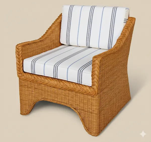 Westport Wicker Lounge Chair handwoven in natural wicker with white cushions accented by navy blue stripes.