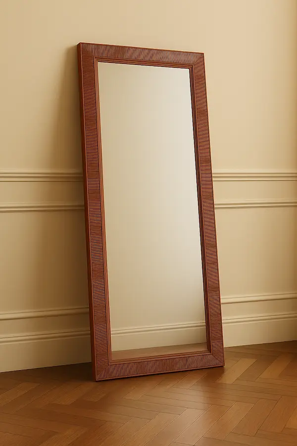 Barclay Grand Floor Mirror styled against paneled wall, oversized mahogany full-length mirror
