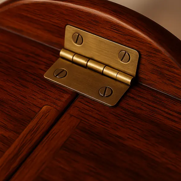 Chatsworth Mahogany Butler’s Tray Table – Brass Hinge Detail Close-up of brass hinges on the Chatsworth Mahogany Butler’s Tray Table folding tray.