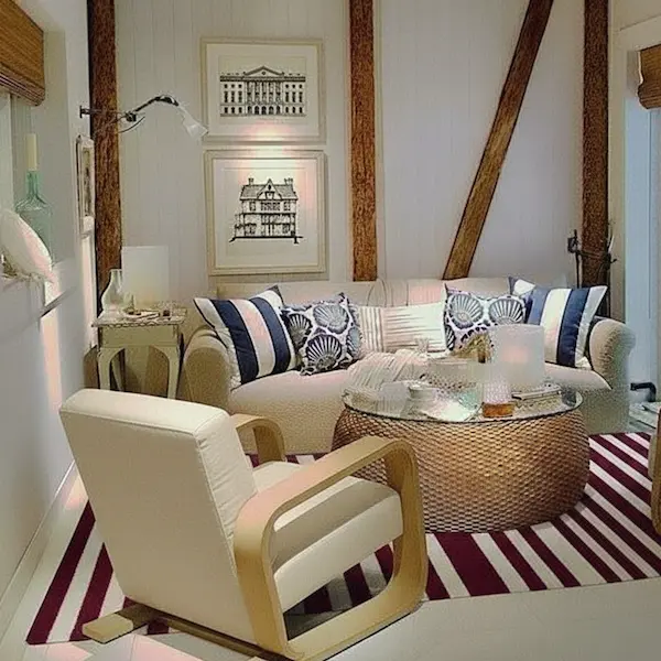 Devon woven cocktail table with handwoven lampakanay base, styled in a Saratoga living room