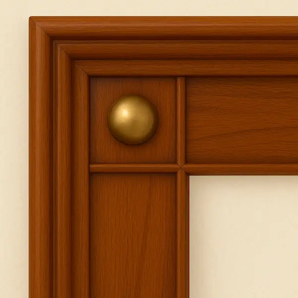 Equestrian Manor Mirror in mahogany with brass rosettes, styled on a green wall above a marble console