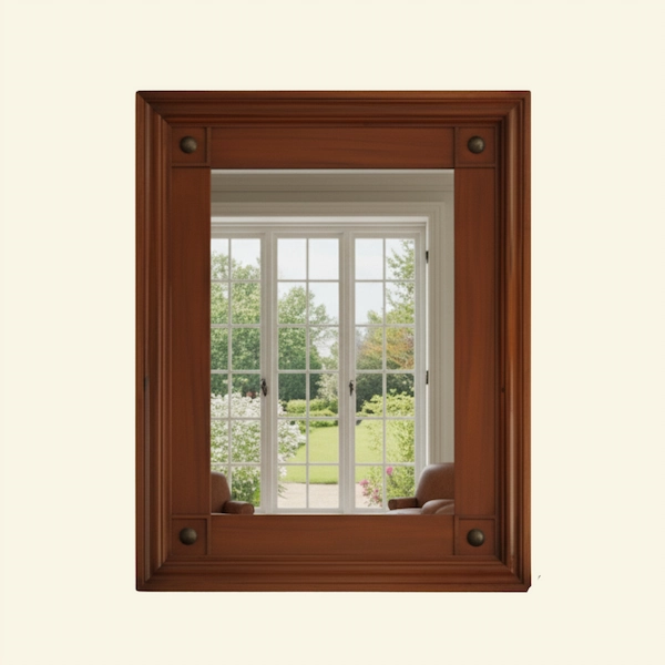 Equestrian Manor Mirror Front View Full front view of the Equestrian Manor Mirror in mahogany with brass medallion accents and beveled glass.