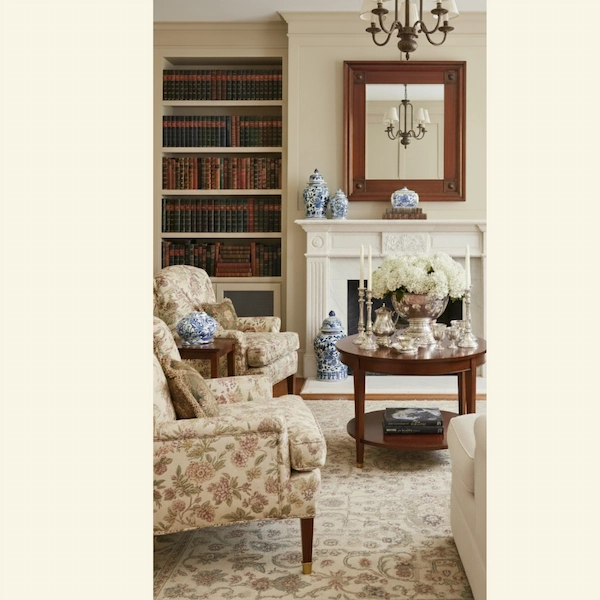 Equestrian Manor Mirror Styled Above Fireplace Equestrian Manor Mirror in mahogany finish with brass medallions, styled above a fireplace in a Regency-inspired living room.