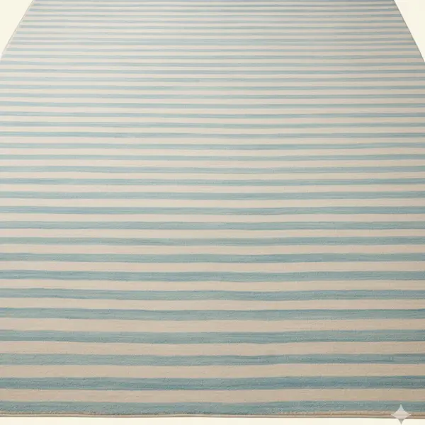 Newport Azure Stripe Wool Flatweave — Texture Closeup Closeup of blue and ivory stripe wool flatweave rug showing tight kilim weave and even, low pile
