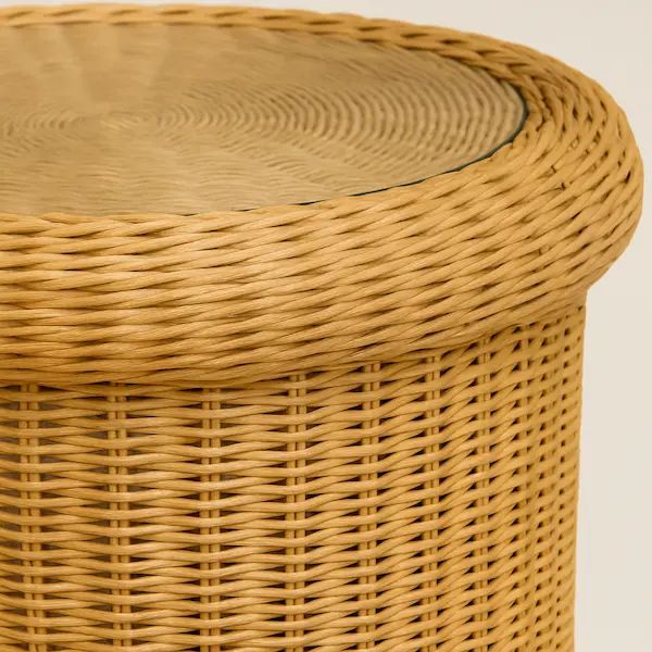 Close-up of The Newport Wicker Side Table showing handwoven wicker craftsmanship