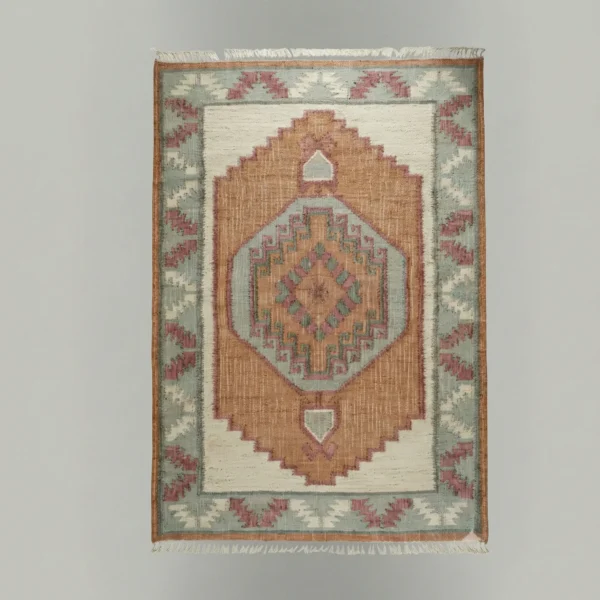 Handwoven jute and cotton Samarkand Medallion Rug with terracotta and sage geometric flatweave pattern
