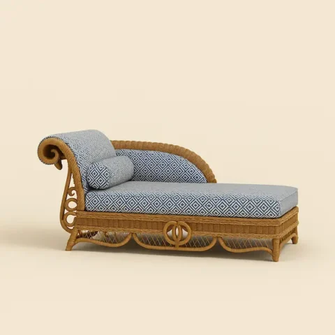 Savannah Rattan Chaise Lounge in handwoven rattan with blue geometric cushions, shown at a 45-degree angle on a beige background with luxury shadows.