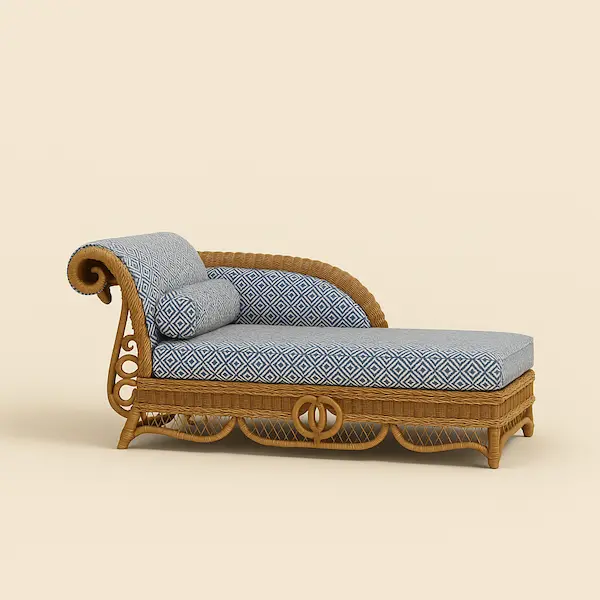 Savannah Rattan Chaise Lounge in handwoven rattan with blue geometric cushions, shown at a 45-degree angle on a beige background with luxury shadows.
