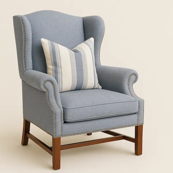 Wentworth Wingback Chair with Cushion – Reeva Sethi Home Wentworth Wingback Chair with blue herringbone upholstery, mahogany frame, and accent cushion