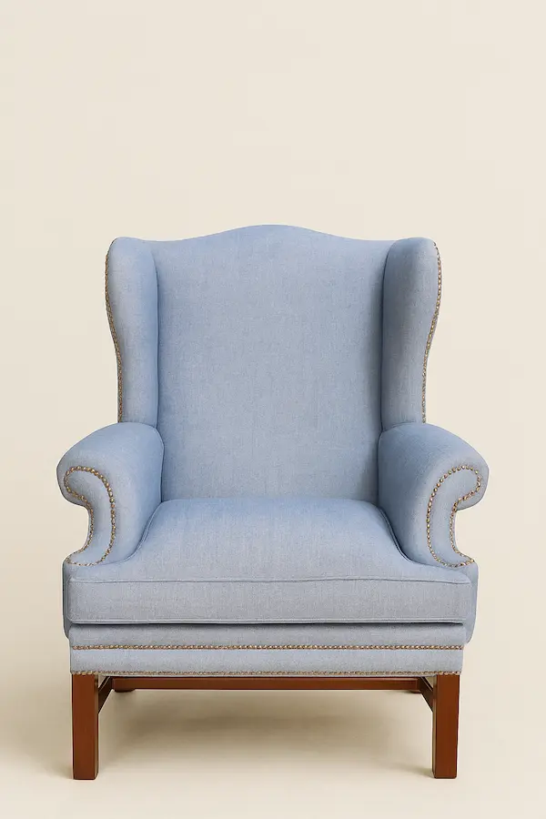 Wentworth Wingback Chair Front View – Reeva Sethi Home Wentworth Wingback Chair front view blue herringbone upholstery and nailhead trim