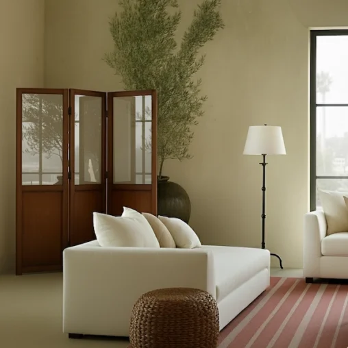 Westmont mahogany folding screen styled in a living room interior