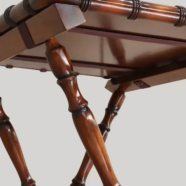 Bottom view of Windsor Faux Bamboo Butler’s Tray Table in mahogany with brass handles