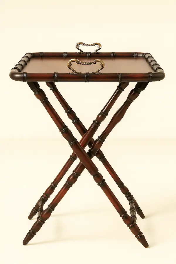 Windsor Faux Bamboo Butler’s Tray Table with Folding Base – Reeva Sethi Home Windsor Faux Bamboo Butler’s Tray Table on folding mahogany stand with brass handles