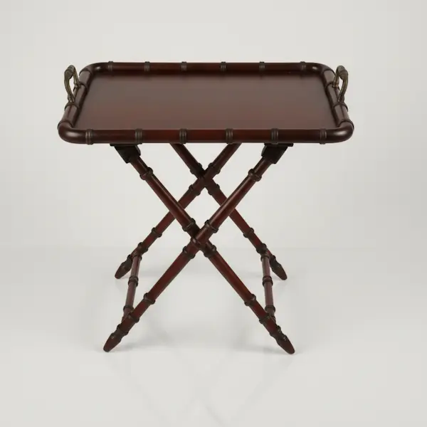 Windsor Faux Bamboo Butler’s Tray Table with brass handles on folding stand