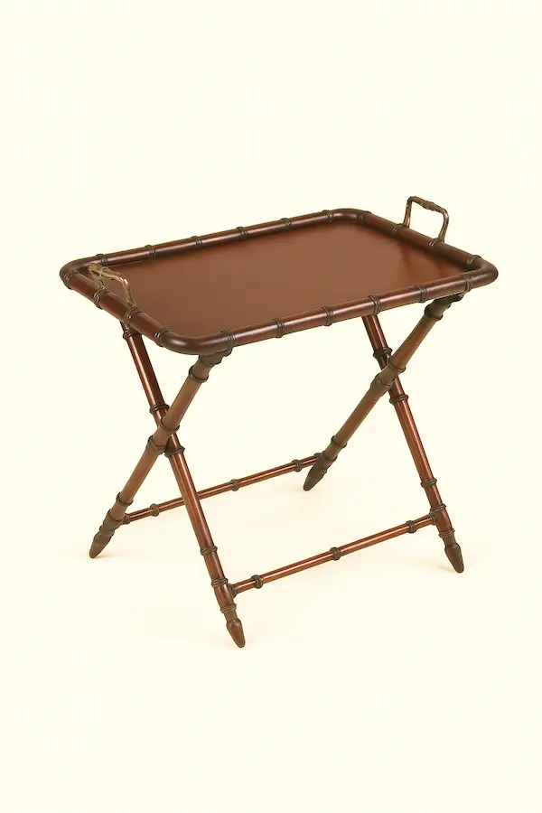 Windsor Faux Bamboo Butler’s Tray Table – Mahogany Finish | Reeva Sethi Home Angled view of Windsor Faux Bamboo Butler’s Tray Table in mahogany with brass handles
