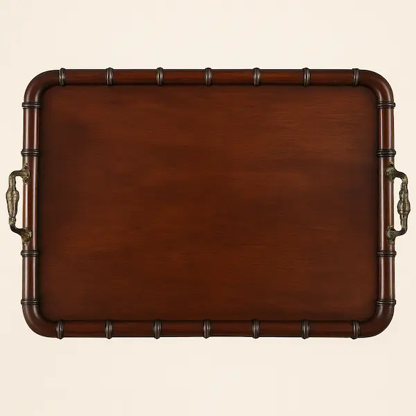 Top View – Windsor Faux Bamboo Butler’s Tray Table in Mahogany | Reeva Sethi Home Top view of Windsor Faux Bamboo Butler’s Tray Table in mahogany with brass handles