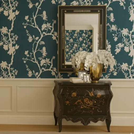 Windsor Regency black and gold wall mirror styled above lacquer floral chest Title: Windsor Regency Mirror – Luxury Black and Gold Wall Mirror wtih Bombay Chest