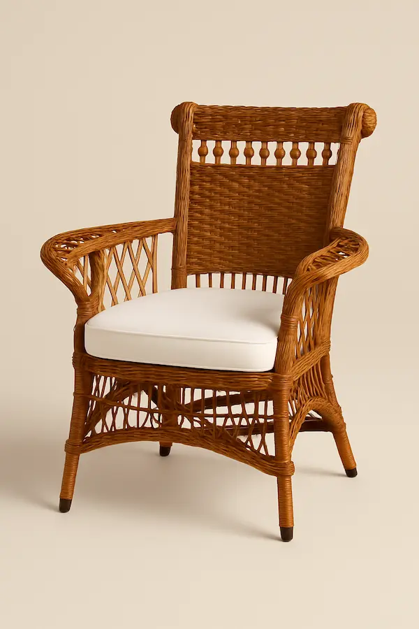 Victorian Wicker Armchair with Cushion merican Victorian Wicker Armchair, angled side profile highlighting rolled backrest and wicker arms