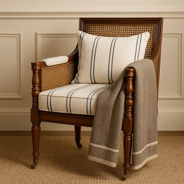 Luxury cane armchair handcrafted in mahogany with woven cane sides, striped cushions, and a draped throw in a refined interior setting