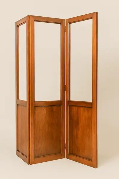 Westmont Screen Panel – mahogany folding screen with mirrored upper panels and paneled lower halves. Westmont Screen Panel – luxury three-panel mahogany folding screen with mirrored upper sections and paneled lower halves by Reeva Sethi Home.