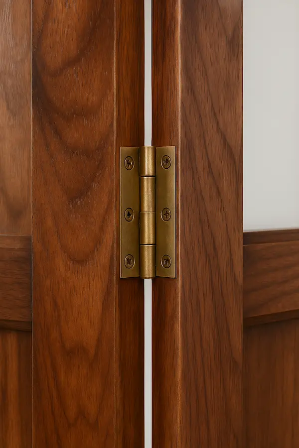 Angled view of Westmont Screen Panel in mahogany with brass hinges and mirror detailing. Angled view of Westmont Screen Panel – mahogany folding screen with brass hinges and mirror-inset upper panels.