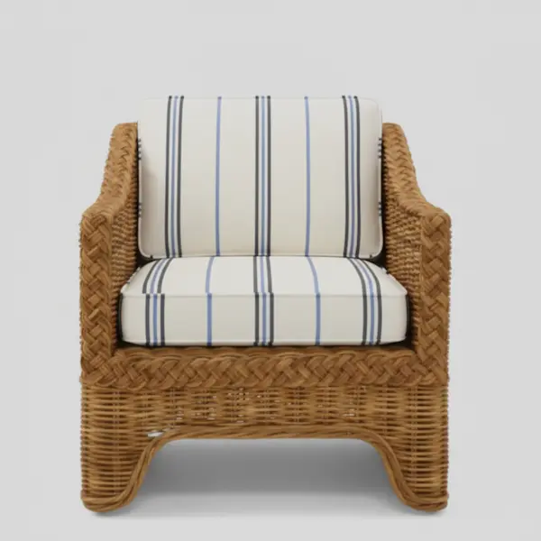 Westport handwoven wicker lounge chair front view with striped cushion